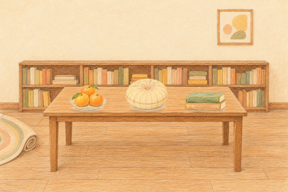 남양주 여성전용 스웨디시 마사지 안내 그림, 낮의 서재 긴 책상 위에 놓인 귤이 담긴 접시, 둥근 쿠션, 책 두 권