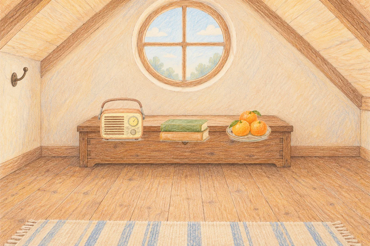 남양주 여성전용 아로마테라피 안내 그림, 낮의 다락방 나무 궤짝 위에 놓인 작은 라디오, 책 두 권, 귤이 담긴 접시