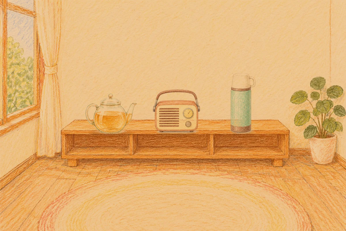 남양주 여성전용 라벤더 아로마 안내 그림, 저녁의 창가 낮은 선반 위에 놓인 유리 티포트, 작은 라디오, 보온병