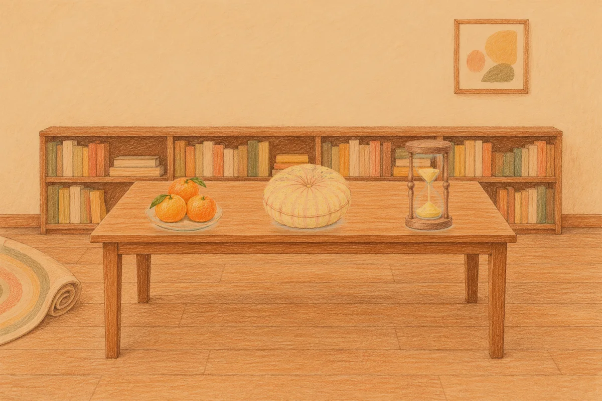 남양주 여성전용 아로마 마사지 후기 안내 그림, 저녁의 서재 긴 책상 위에 놓인 귤이 담긴 접시, 둥근 쿠션, 모래시계