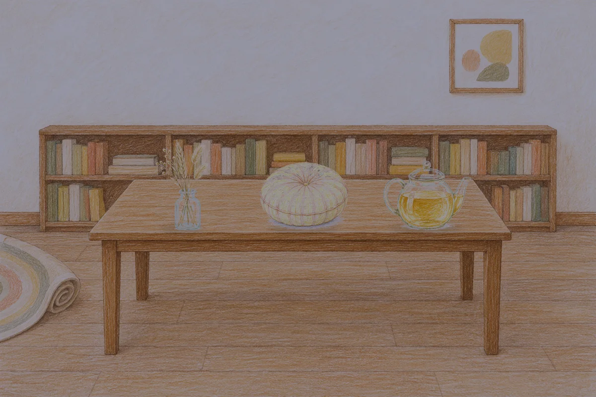 남양주 여성전용 경락마사지 안내 그림, 밤의 서재 긴 책상 위에 놓인 마른 풀을 꽂은 항아리, 둥근 쿠션, 유리 티포트
