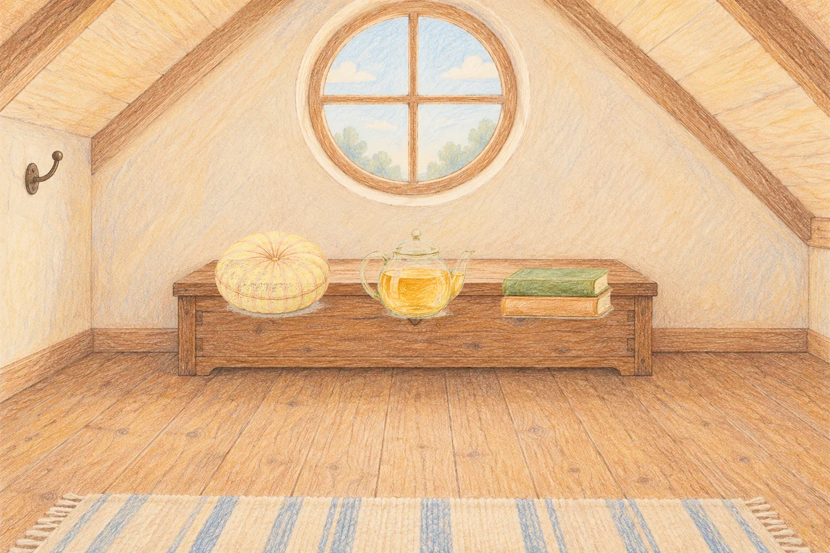 남양주 여성전용 경락 케어 안내 그림, 낮의 다락방 나무 궤짝 위에 놓인 둥근 쿠션, 유리 티포트, 책 두 권