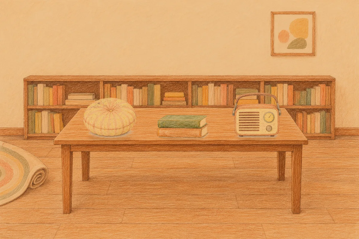 남양주 여성전용 바디 경락 안내 그림, 저녁의 서재 긴 책상 위에 놓인 둥근 쿠션, 책 두 권, 작은 라디오