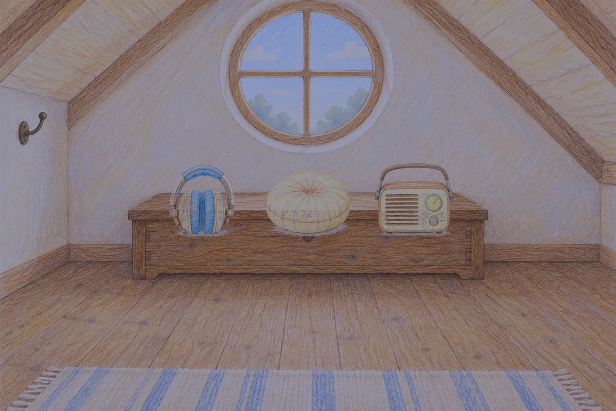남양주 여성전용 경락 가격 안내 그림, 밤의 다락방 나무 궤짝 위에 놓인 헤드폰, 둥근 쿠션, 작은 라디오