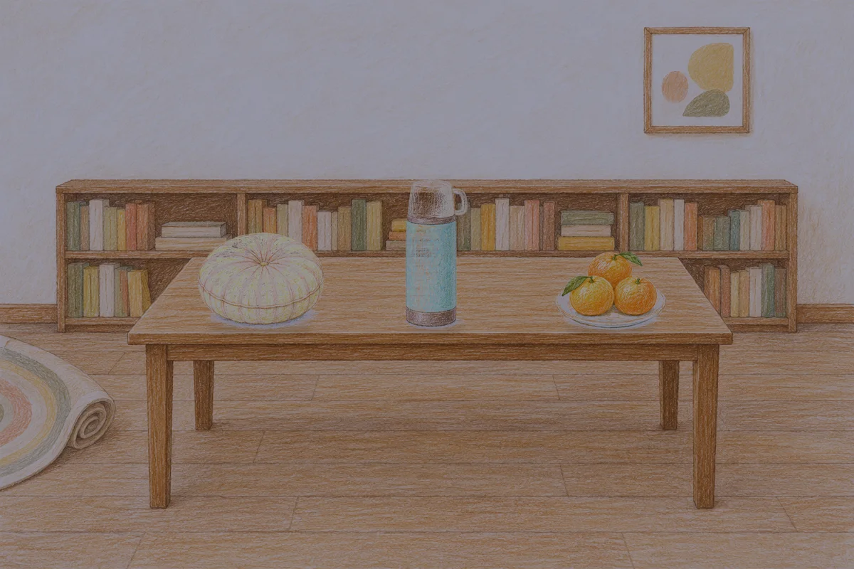 남양주 여성전용 방문 마사지 안내 그림, 밤의 서재 긴 책상 위에 놓인 둥근 쿠션, 보온병, 귤이 담긴 접시