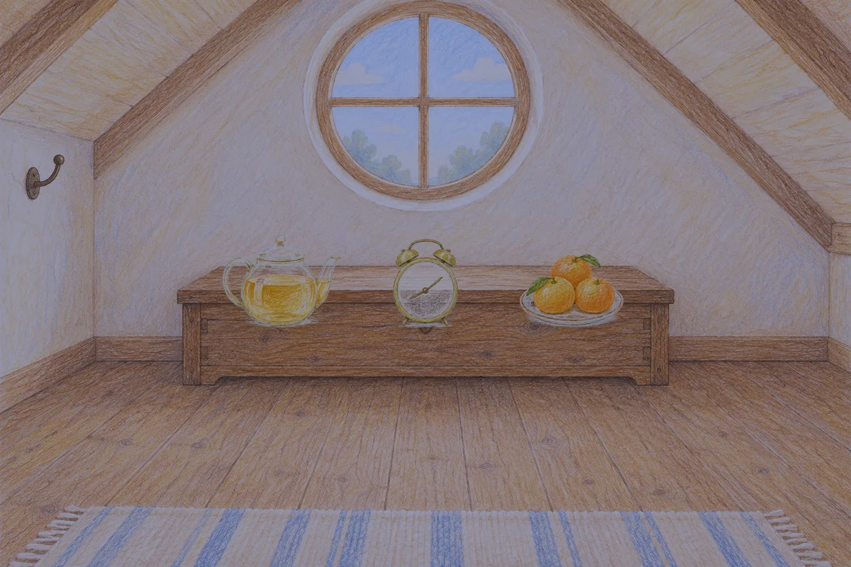 남양주 여성전용 홈케어 서비스 안내 그림, 밤의 다락방 나무 궤짝 위에 놓인 유리 티포트, 둥근 알람시계, 귤이 담긴 접시