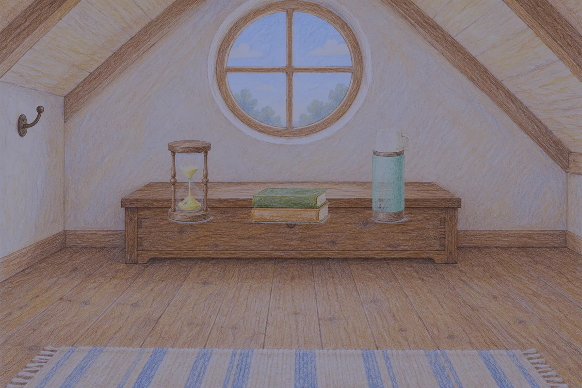 남양주 여성전용 방문 홈케어 안내 그림, 밤의 다락방 나무 궤짝 위에 놓인 모래시계, 책 두 권, 보온병