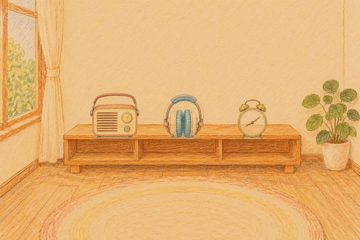 남양주 여성전용 홈케어 후기 안내 그림, 저녁의 창가 낮은 선반 위에 놓인 작은 라디오, 헤드폰, 둥근 알람시계