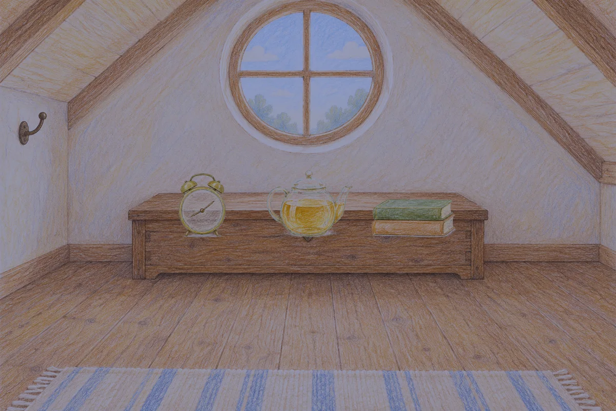 남양주 여성전용 발관리 안내 그림, 밤의 다락방 나무 궤짝 위에 놓인 둥근 알람시계, 유리 티포트, 책 두 권
