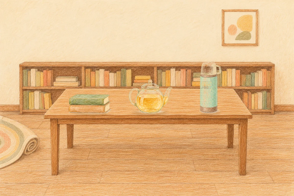 남양주 여성전용 발 케어 안내 그림, 낮의 서재 긴 책상 위에 놓인 책 두 권, 유리 티포트, 보온병