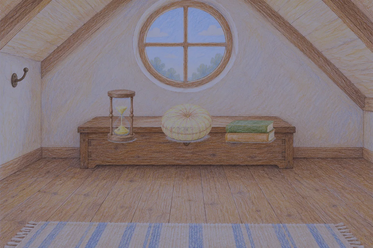 남양주 여성전용 발 부종 케어 안내 그림, 밤의 다락방 나무 궤짝 위에 놓인 모래시계, 둥근 쿠션, 책 두 권