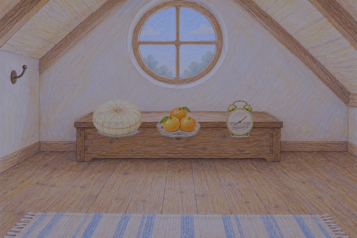 남양주 여성전용 슬리밍 마사지 안내 그림, 밤의 다락방 나무 궤짝 위에 놓인 둥근 쿠션, 귤이 담긴 접시, 둥근 알람시계