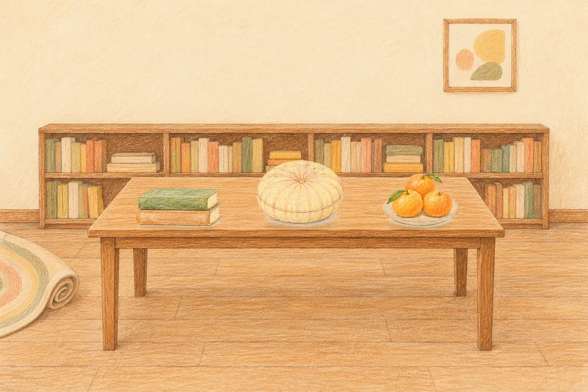 남양주 여성전용 복부 마사지 안내 그림, 낮의 서재 긴 책상 위에 놓인 책 두 권, 둥근 쿠션, 귤이 담긴 접시