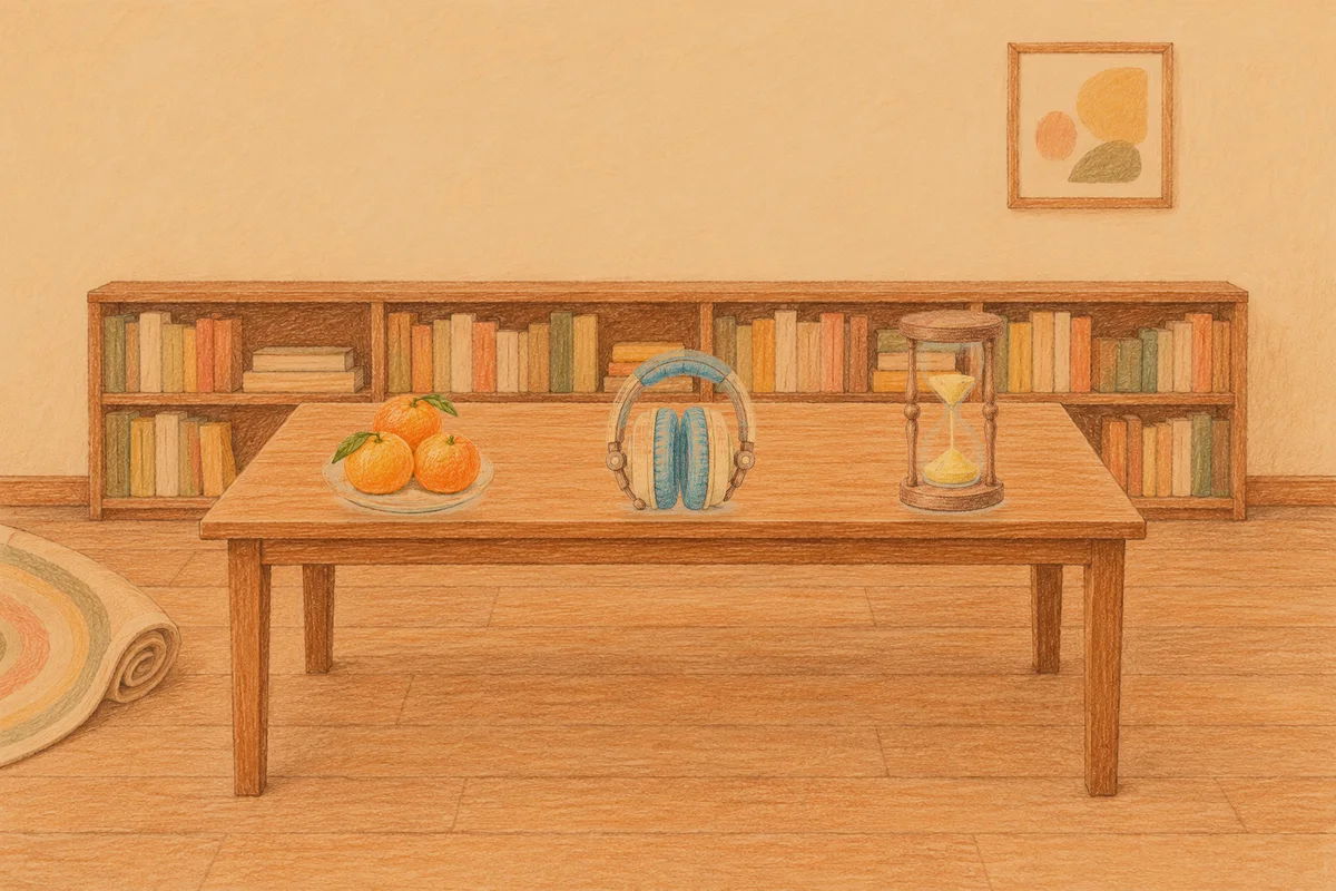 남양주 여성전용 종아리 케어 안내 그림, 저녁의 서재 긴 책상 위에 놓인 귤이 담긴 접시, 헤드폰, 모래시계
