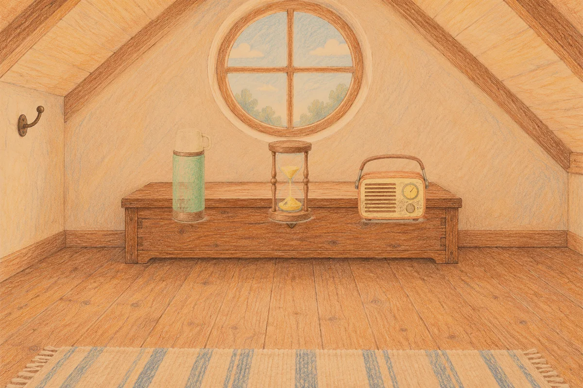남양주 여성전용 어깨 마사지 안내 그림, 저녁의 다락방 나무 궤짝 위에 놓인 보온병, 모래시계, 작은 라디오