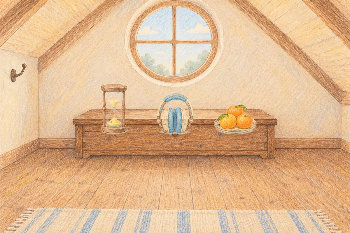 남양주 여성전용 수면 케어 안내 그림, 낮의 다락방 나무 궤짝 위에 놓인 모래시계, 헤드폰, 귤이 담긴 접시