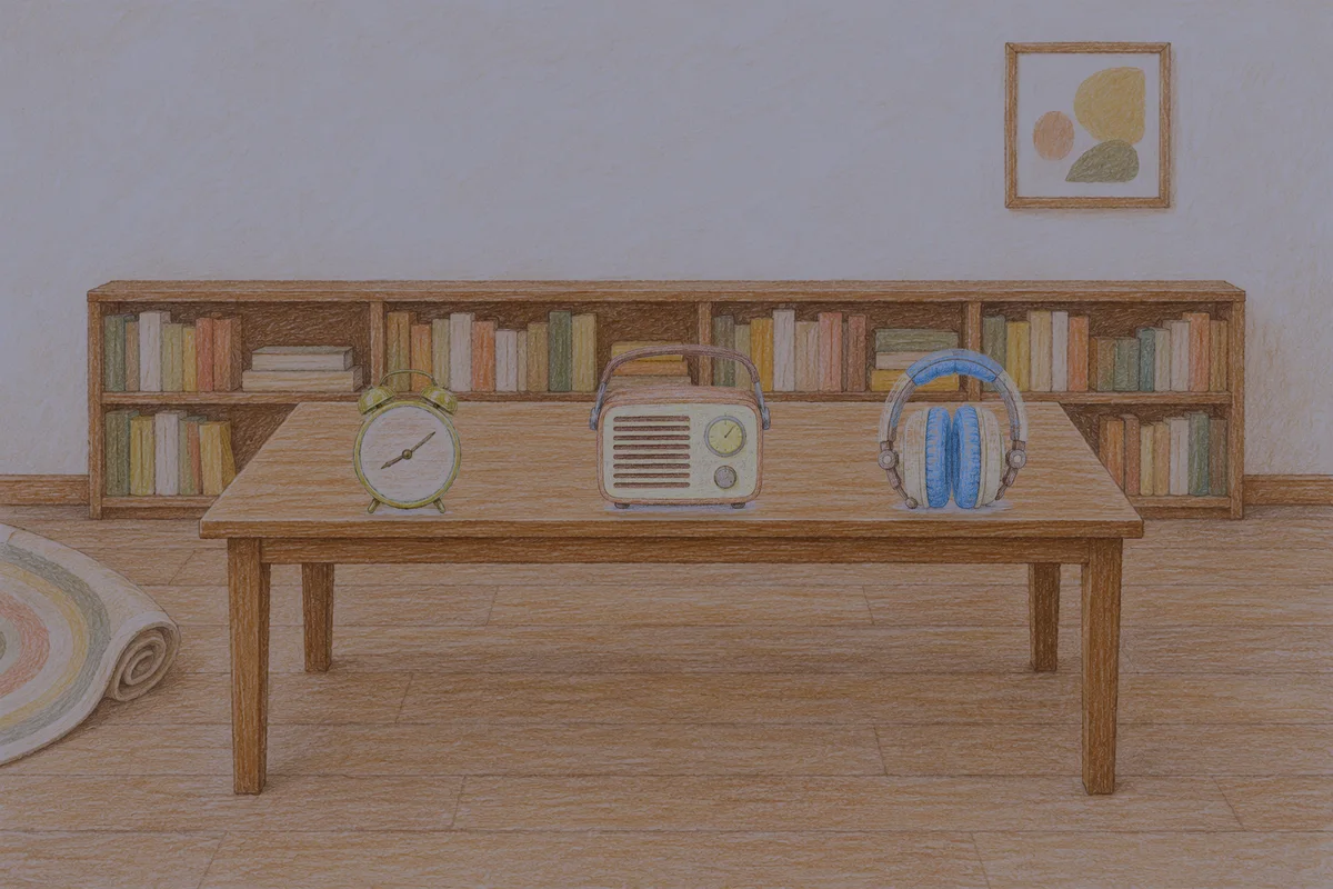 남양주 여성전용 얼굴 마사지 안내 그림, 밤의 서재 긴 책상 위에 놓인 둥근 알람시계, 작은 라디오, 헤드폰
