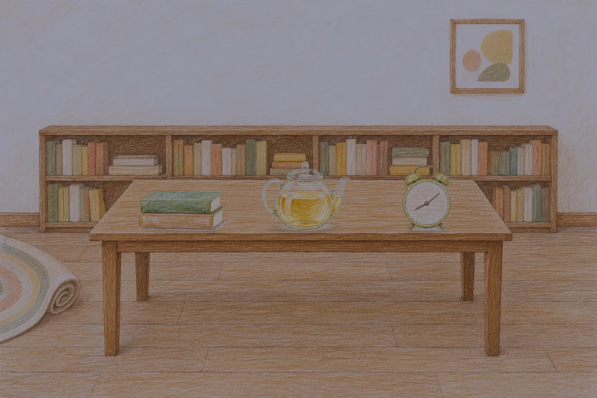 남양주 여성전용 피부 관리 안내 그림, 밤의 서재 긴 책상 위에 놓인 책 두 권, 유리 티포트, 둥근 알람시계