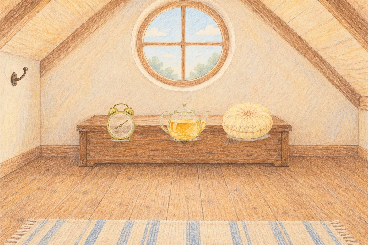 남양주 여성전용 샵 마사지 안내 그림, 낮의 다락방 나무 궤짝 위에 놓인 둥근 알람시계, 유리 티포트, 둥근 쿠션