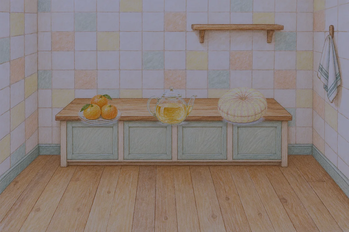 남양주 여성전용 후기 마사지 안내 그림, 밤의 부엌 나무 조리대 위에 놓인 귤이 담긴 접시, 유리 티포트, 둥근 쿠션