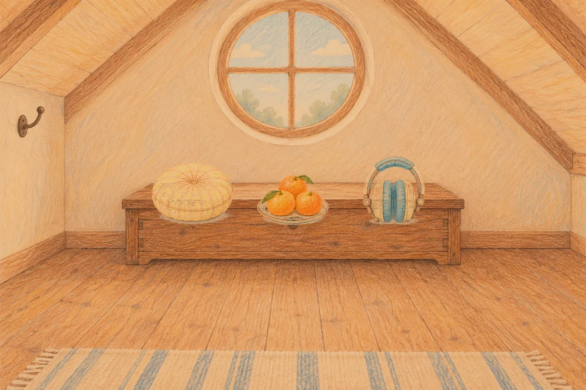 남양주 여성전용 추천 마사지 안내 그림, 저녁의 다락방 나무 궤짝 위에 놓인 둥근 쿠션, 귤이 담긴 접시, 헤드폰