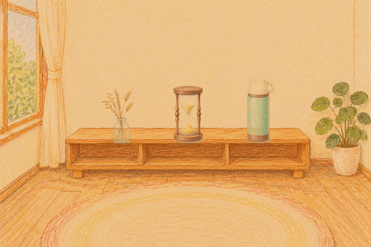 남양주 여성전용 출장 마사지 안내 그림, 저녁의 창가 낮은 선반 위에 놓인 마른 풀을 꽂은 항아리, 모래시계, 보온병