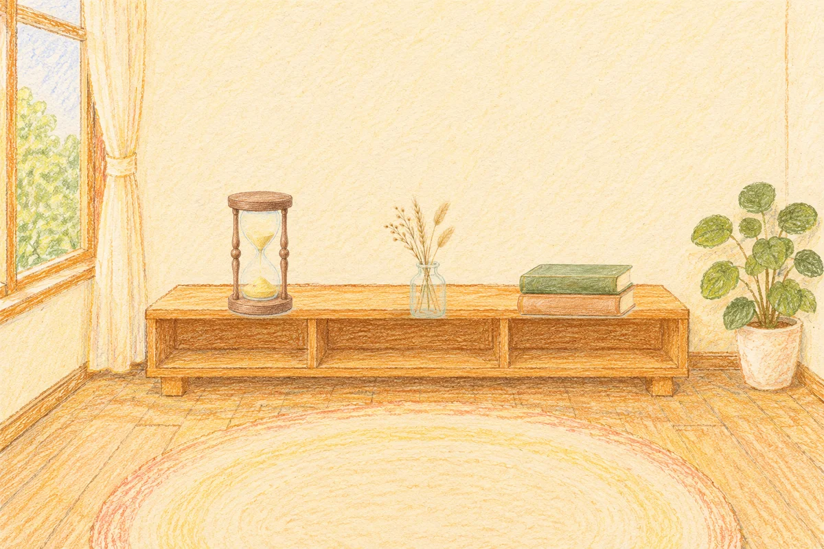 남양주 여성전용 출장 마사지 후기 안내 그림, 낮의 창가 낮은 선반 위에 놓인 모래시계, 마른 풀을 꽂은 항아리, 책 두 권