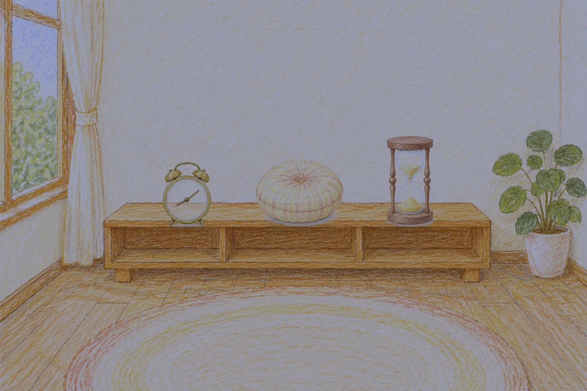 안산 여성전용 스웨디시 홈케어 안내 그림, 밤의 창가 낮은 선반 위에 놓인 둥근 알람시계, 둥근 쿠션, 모래시계