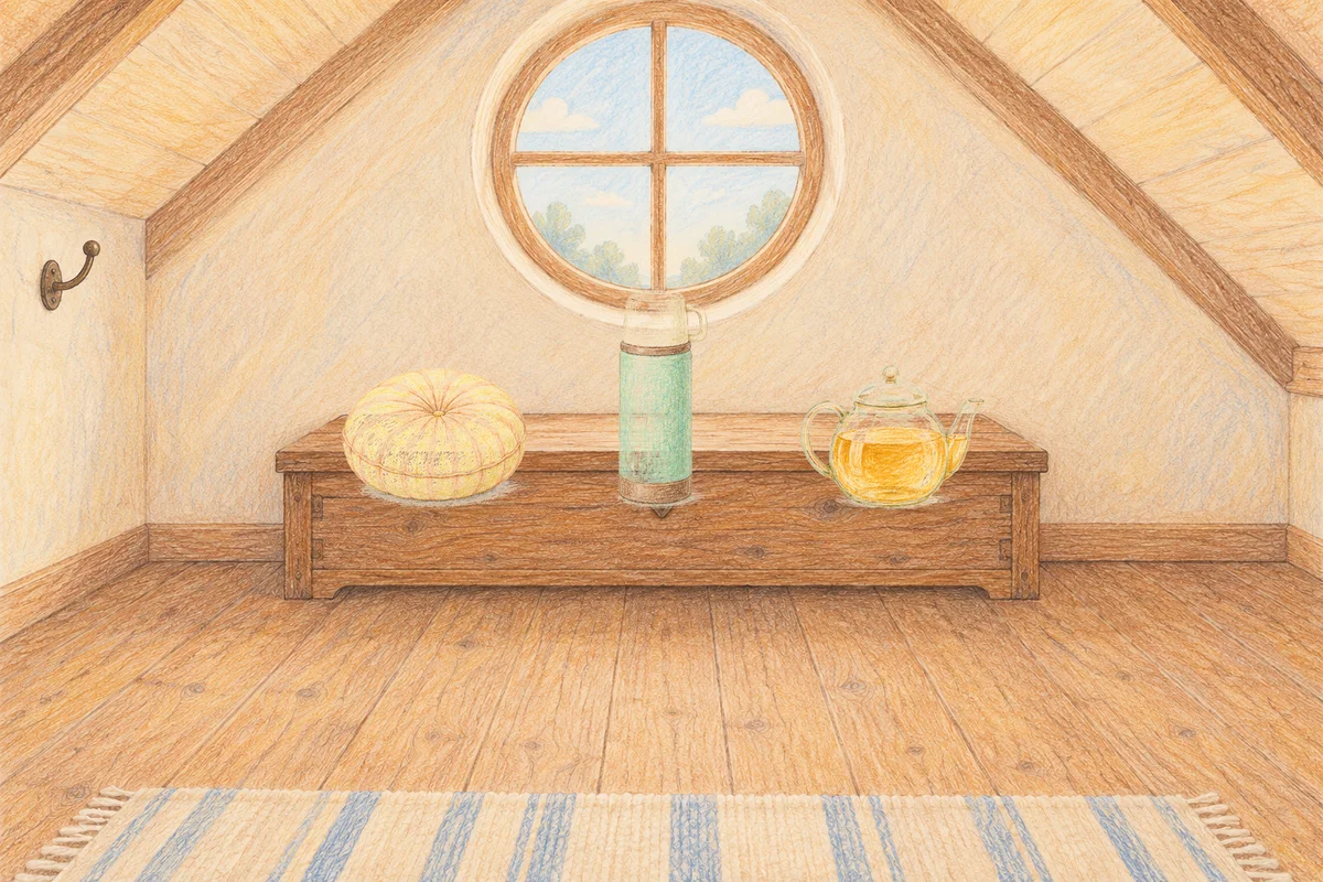 안산 여성전용 스웨디시 후기 안내 그림, 낮의 다락방 나무 궤짝 위에 놓인 둥근 쿠션, 보온병, 유리 티포트