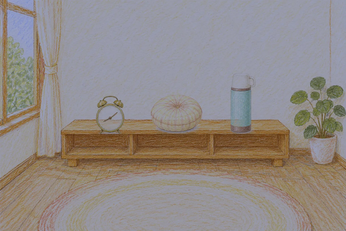 안산 여성전용 아로마 가격 안내 그림, 밤의 창가 낮은 선반 위에 놓인 둥근 알람시계, 둥근 쿠션, 보온병