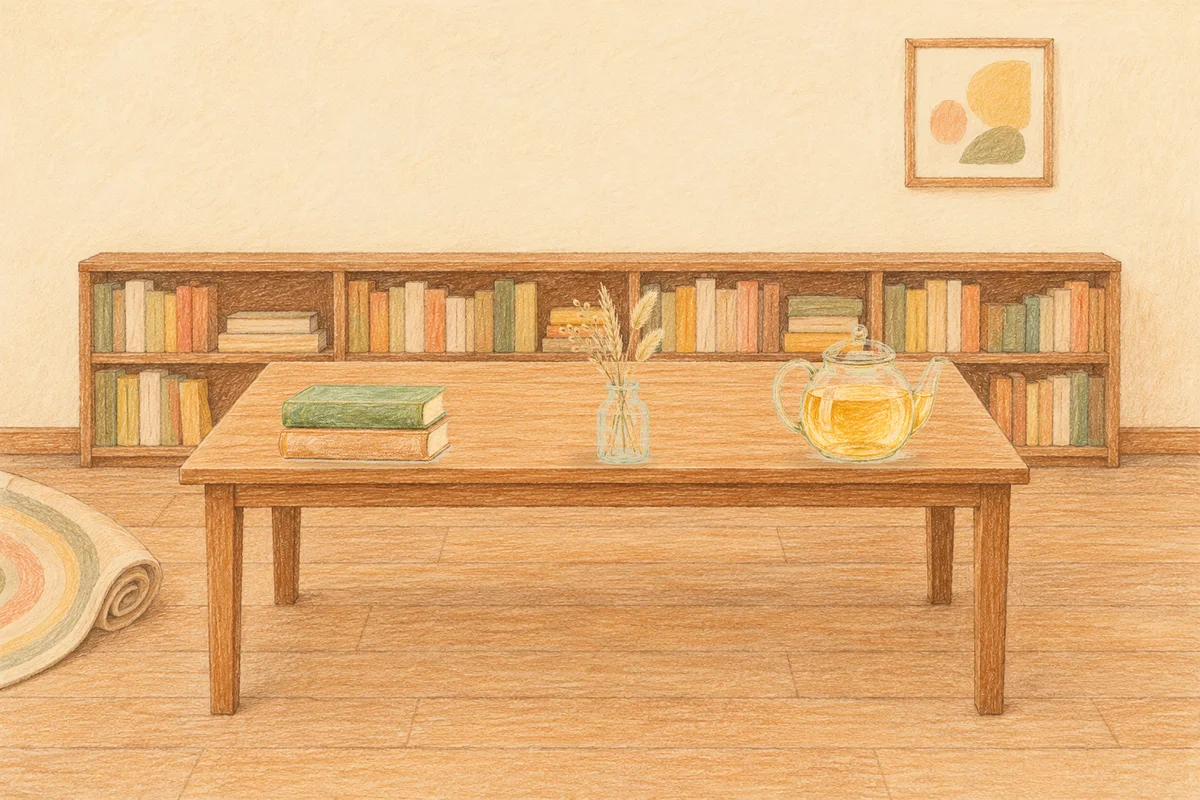 안산 여성전용 얼굴 경락 안내 그림, 낮의 서재 긴 책상 위에 놓인 책 두 권, 마른 풀을 꽂은 항아리, 유리 티포트
