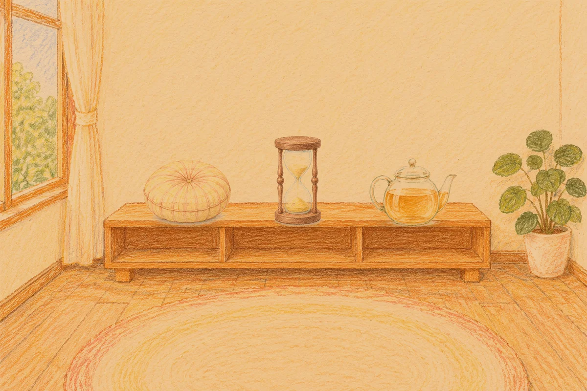 안산 여성전용 바디 경락 안내 그림, 저녁의 창가 낮은 선반 위에 놓인 둥근 쿠션, 모래시계, 유리 티포트