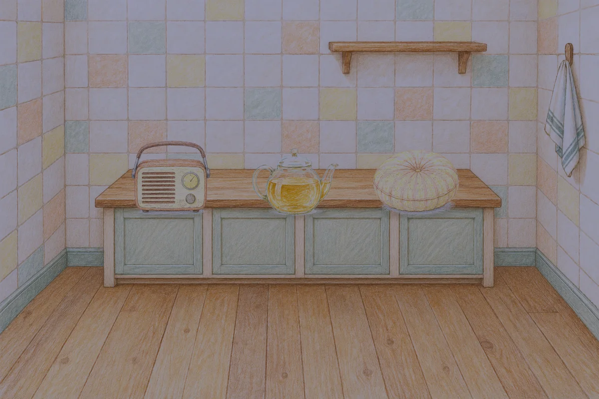 안산 여성전용 경락 추천 안내 그림, 밤의 부엌 나무 조리대 위에 놓인 작은 라디오, 유리 티포트, 둥근 쿠션