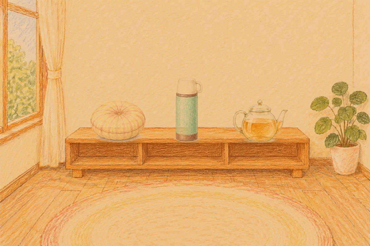 안산 여성전용 홈케어 서비스 안내 그림, 저녁의 창가 낮은 선반 위에 놓인 둥근 쿠션, 보온병, 유리 티포트