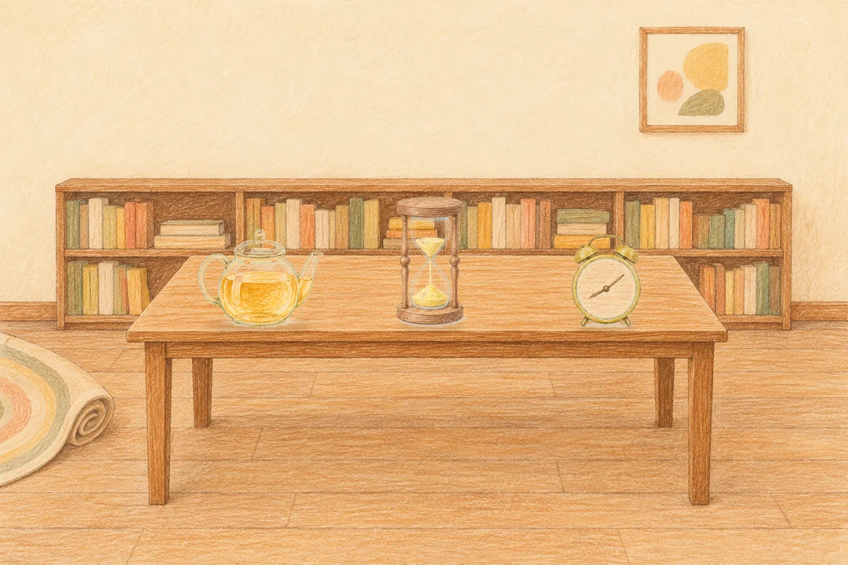 안산 여성전용 1인샵 안내 그림, 낮의 서재 긴 책상 위에 놓인 유리 티포트, 모래시계, 둥근 알람시계