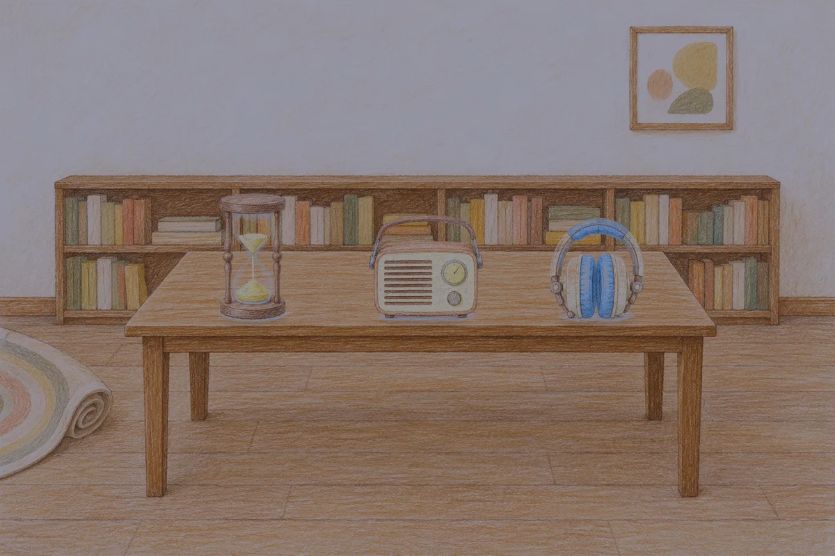 안산 여성전용 발관리 안내 그림, 밤의 서재 긴 책상 위에 놓인 모래시계, 작은 라디오, 헤드폰