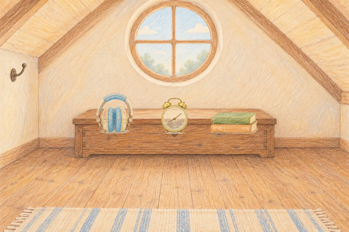안산 여성전용 발관리 후기 안내 그림, 낮의 다락방 나무 궤짝 위에 놓인 헤드폰, 둥근 알람시계, 책 두 권