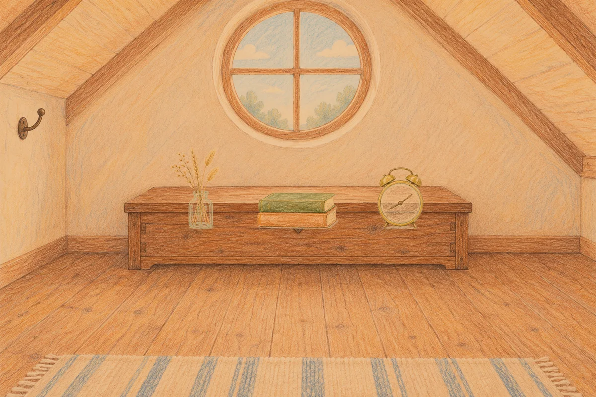 안산 여성전용 디톡스 마사지 안내 그림, 저녁의 다락방 나무 궤짝 위에 놓인 마른 풀을 꽂은 항아리, 책 두 권, 둥근 알람시계