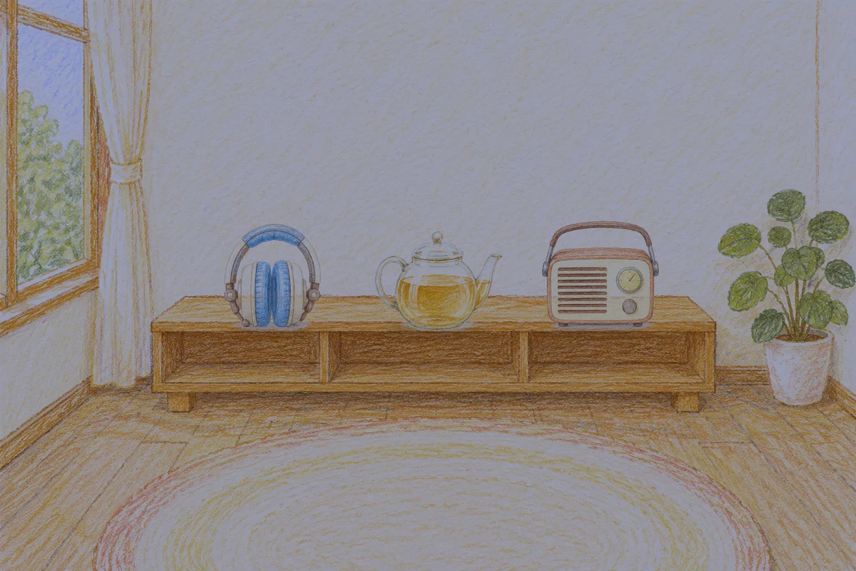 안산 여성전용 종아리 케어 안내 그림, 밤의 창가 낮은 선반 위에 놓인 헤드폰, 유리 티포트, 작은 라디오