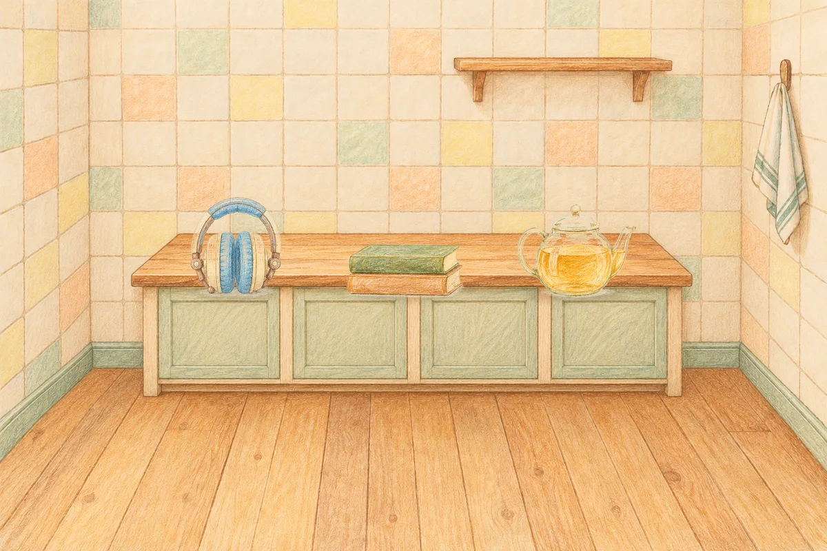 안산 여성전용 두피 마사지 안내 그림, 낮의 부엌 나무 조리대 위에 놓인 헤드폰, 책 두 권, 유리 티포트