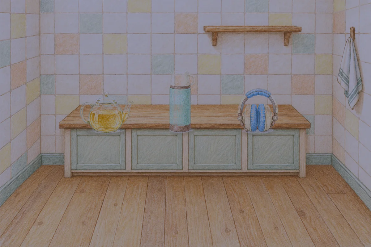 안산 여성전용 어깨 마사지 안내 그림, 밤의 부엌 나무 조리대 위에 놓인 유리 티포트, 보온병, 헤드폰