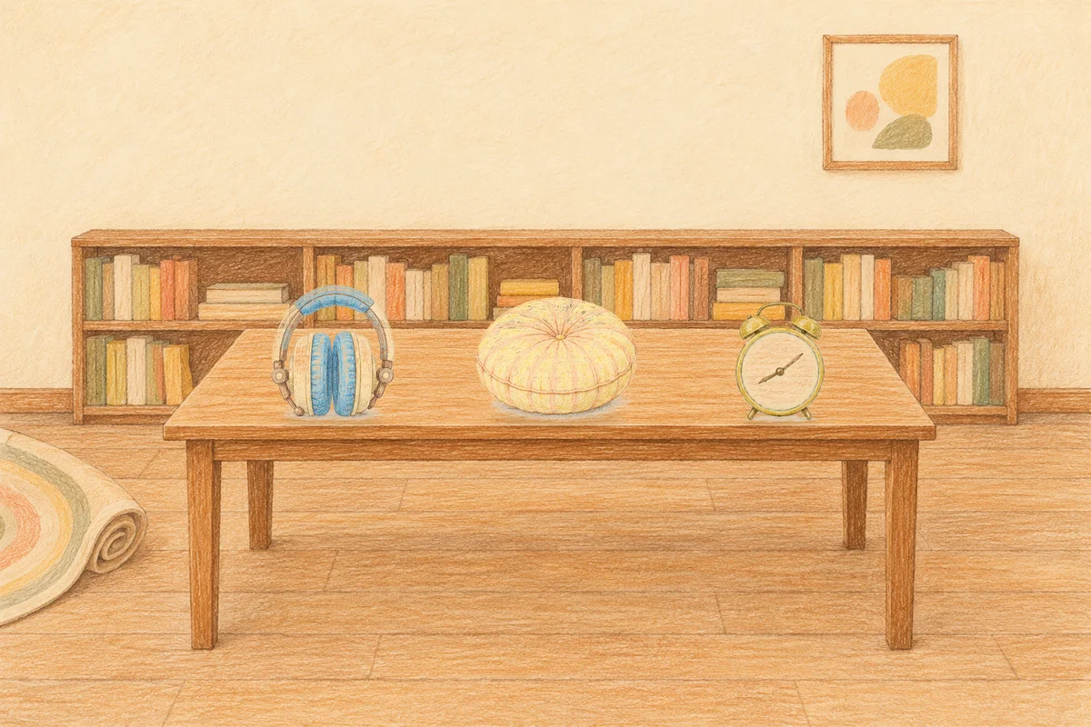 안산 여성전용 목 어깨 케어 안내 그림, 낮의 서재 긴 책상 위에 놓인 헤드폰, 둥근 쿠션, 둥근 알람시계