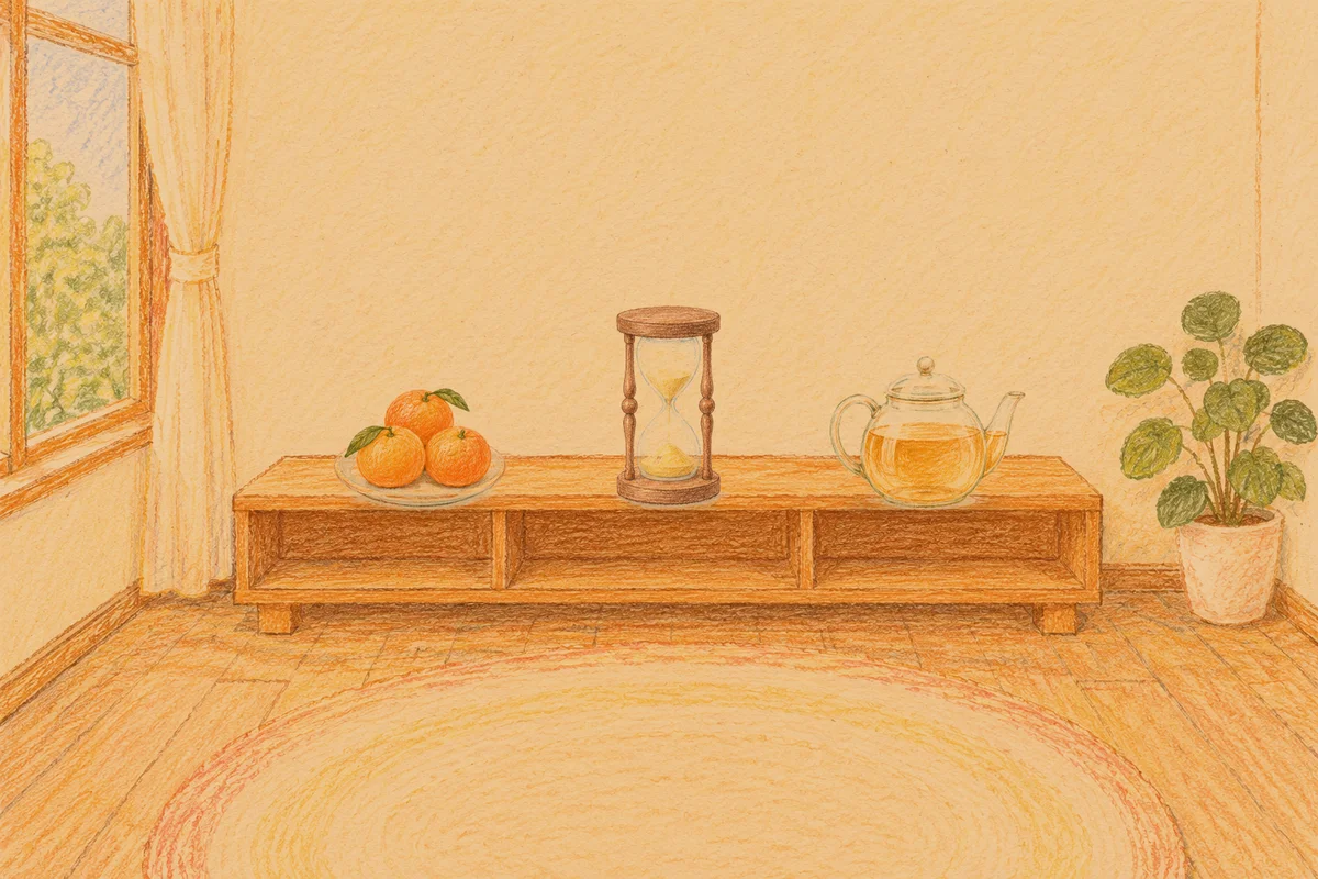 안산 여성전용 스트레스 케어 안내 그림, 저녁의 창가 낮은 선반 위에 놓인 귤이 담긴 접시, 모래시계, 유리 티포트
