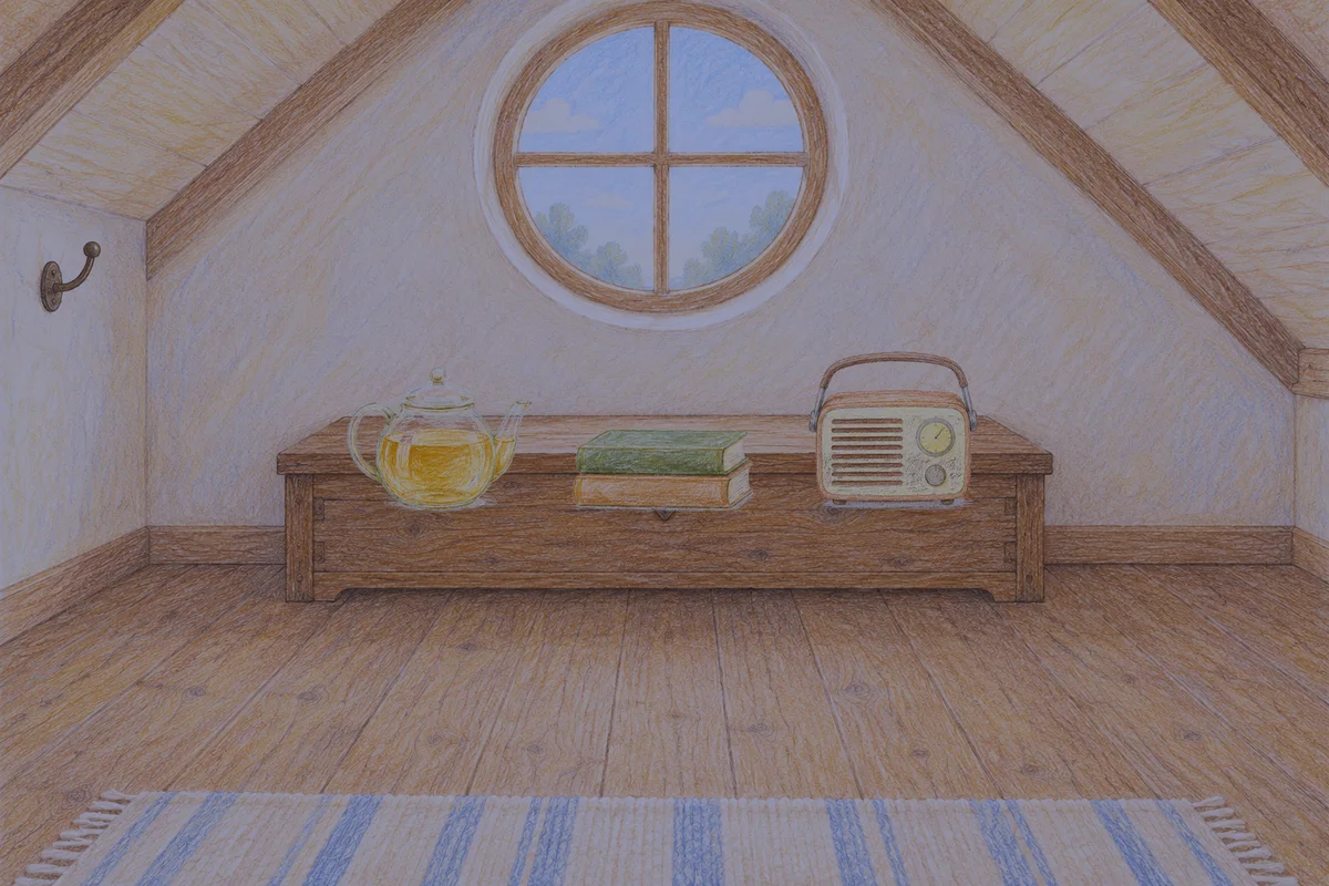 안산 여성전용 페이셜 마사지 안내 그림, 밤의 다락방 나무 궤짝 위에 놓인 유리 티포트, 책 두 권, 작은 라디오