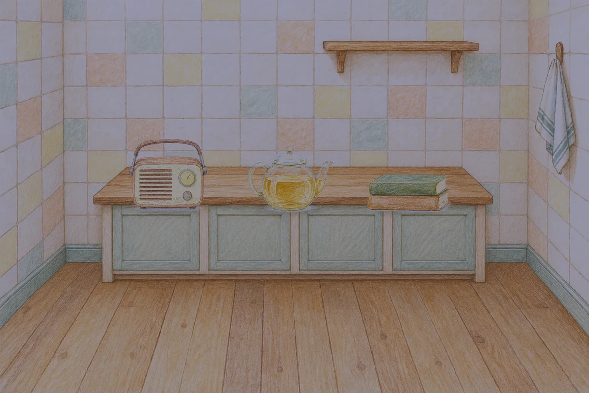 안산 여성전용 림프 페이셜 안내 그림, 밤의 부엌 나무 조리대 위에 놓인 작은 라디오, 유리 티포트, 책 두 권