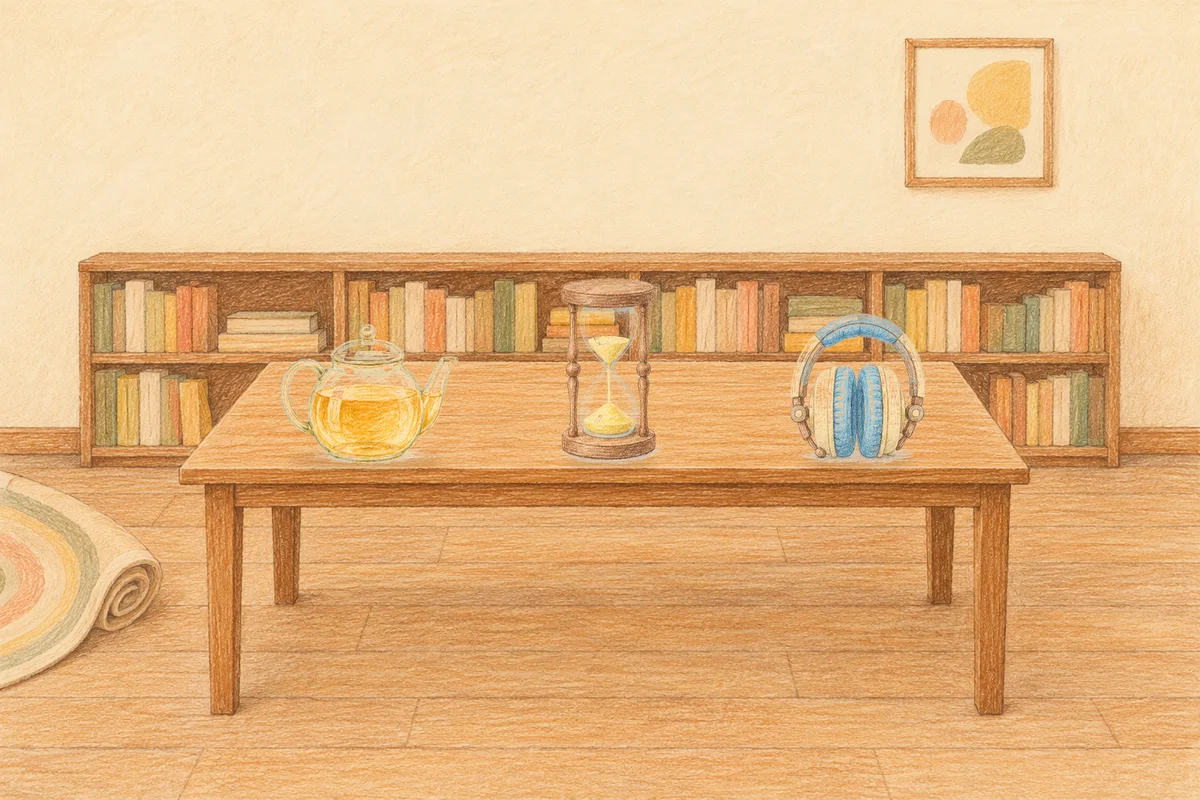 안산 여성전용 안티에이징 케어 안내 그림, 낮의 서재 긴 책상 위에 놓인 유리 티포트, 모래시계, 헤드폰