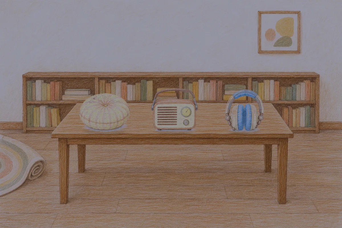 안산 여성전용 예약 마사지 안내 그림, 밤의 서재 긴 책상 위에 놓인 둥근 쿠션, 작은 라디오, 헤드폰