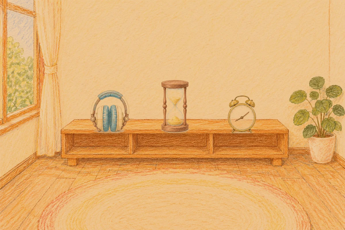 안산 여성전용 후기 마사지 안내 그림, 저녁의 창가 낮은 선반 위에 놓인 헤드폰, 모래시계, 둥근 알람시계