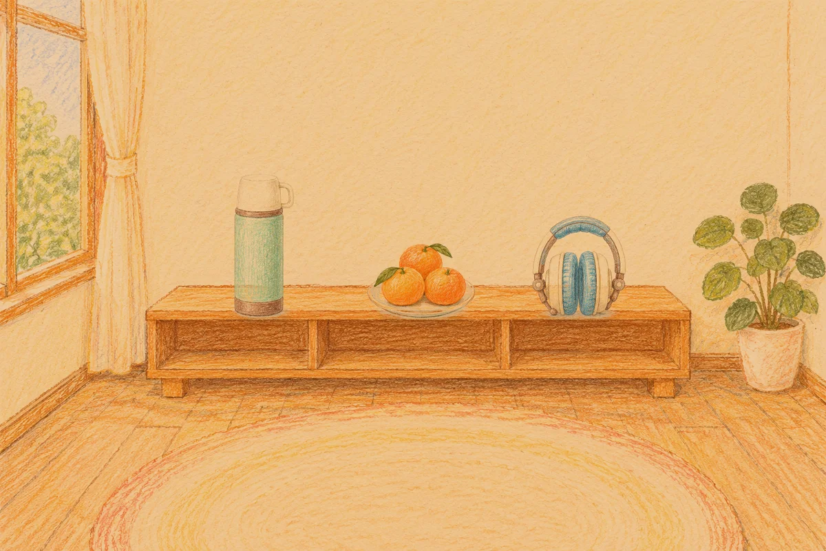 안산 여성전용 가격 마사지 안내 그림, 저녁의 창가 낮은 선반 위에 놓인 보온병, 귤이 담긴 접시, 헤드폰