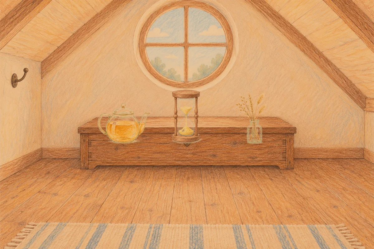 김포 여성전용 아로마 마사지 안내 그림, 저녁의 다락방 나무 궤짝 위에 놓인 유리 티포트, 모래시계, 마른 풀을 꽂은 항아리